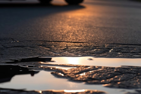 close-up of wet asphalt, with the reflection of the sun visible, created with generative aiの素材
