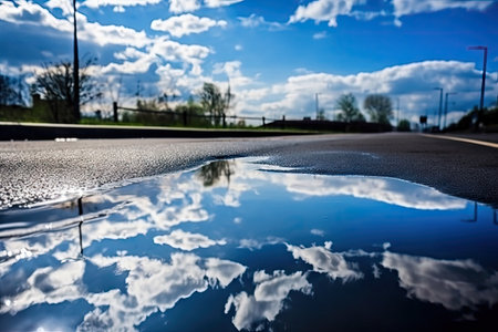 wet asphalt road with a reflection of the blue sky, perfect for travel, created with generative aiの素材