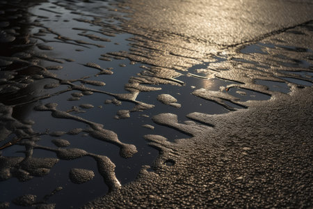 wet asphalt after a hard rain, with droplets of water glistening in the sunlight, created with generative aiの素材
