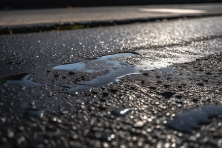 wet asphalt after a hard rain, with droplets of water glistening in the sunlight, created with generative aiの素材
