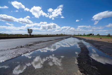 wet asphalt road with clouds and blue sky in the background, created with generative aiの素材