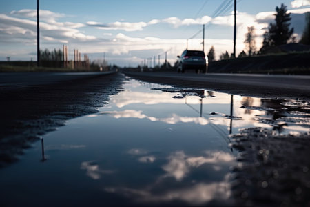 wet asphalt, with the reflection of a clear sky and blue horizons, created with generative aiの素材