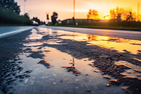 wet asphalt road with beautiful sunset in background, created with generative aiの素材