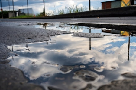 puddle of water on asphalt after rain storm, with reflection of cloudy sky, created with generative aiの素材