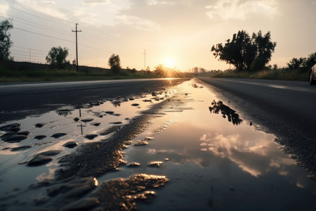 wet asphalt in the morning after dew has evaporated, with clouds and blue sky in the background, created with generative aiの素材