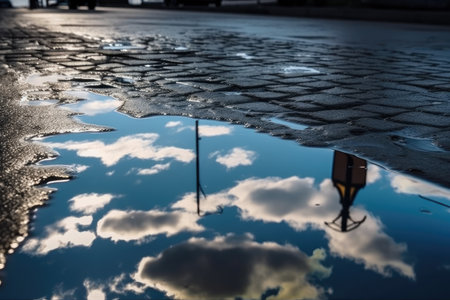 wet asphalt with reflections of the blue sky and clouds, created with generative aiの素材
