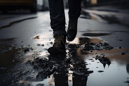 person, walking on wet asphalt, with shoes and footprints visible, created with generative aiの素材