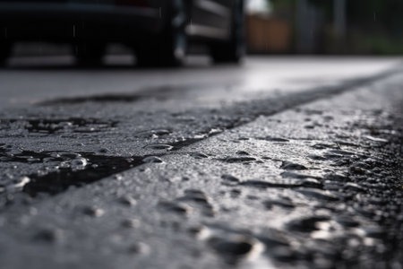 humid summer day with wet asphalt surface and droplets forming, created with generative aiの素材