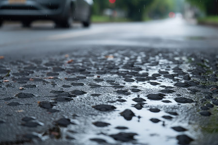 humid summer day with wet asphalt surface and droplets forming, created with generative aiの素材