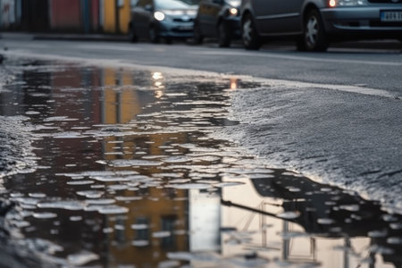 wet asphalt after a heavy rain, with puddles and reflections on the street, created with generative aiの素材