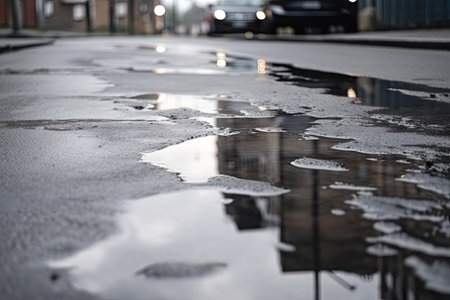 wet asphalt, with raindrops and their reflections visible, on deserted street, created with generative aiの素材