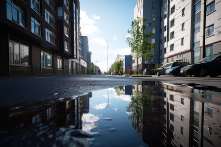 wet asphalt surfaces with reflections of buildings and blue skies, created with generative aiの素材