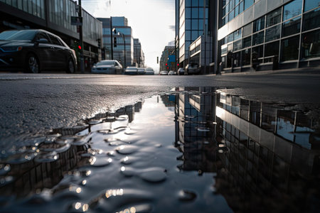wet asphalt surfaces with reflections of buildings and blue skies, created with generative aiの素材