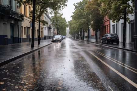 street during a heavy downpour, with rainwater cascading off the wet asphalt, created with generative aiの素材