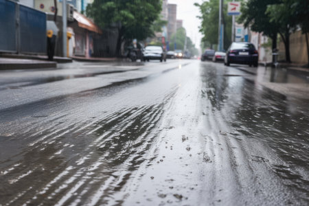 street during a heavy downpour, with rainwater cascading off the wet asphalt, created with generative aiの素材