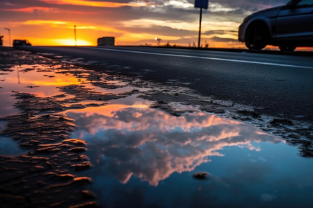 wet asphalt with reflection of colorful sunrise or sunset, created with generative aiの素材