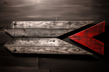 vintage wooden sign in black and white with red arrow pointing the way, created with generative aiの素材