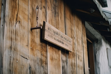wood board with inscription on the wall of a house, created with generative aiの素材