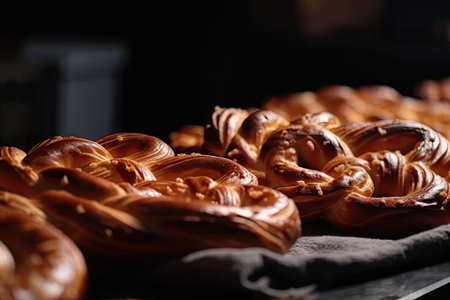 close-up of delicious and aromatic brezel, freshly baked in bakery, created with generative aiの素材