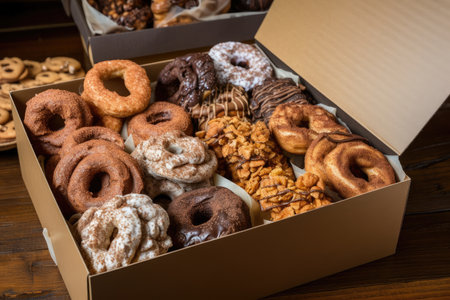 box of freshly baked brezels in a variety of flavors, including cinnamon and sugar, created with generative aiの素材