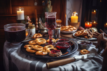 traditional holiday table with tray full of freshly baked brezel and warm mulled wine, created with generative aiの素材