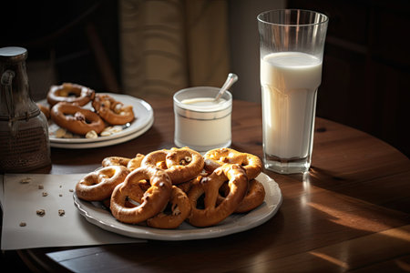breakfast table, with plate of warm brezels and a glass of milk, created with generative aiの素材