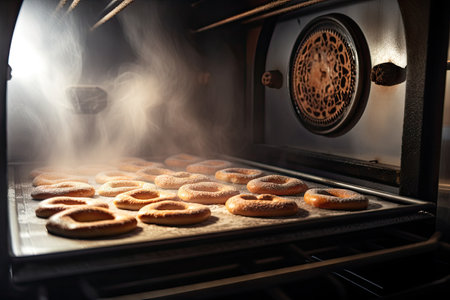brezel being baked in a hot oven, with steam rising from the bread, created with generative aiの素材