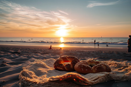 summer evening on the beach, with sunset and waves in the background, and a view of a freshly baked brezel, created with generative aiの素材