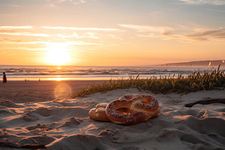 summer evening on the beach, with sunset and waves in the background, and a view of a freshly baked brezel, created with generative aiの素材