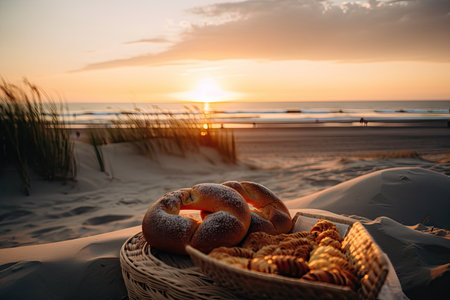 summer evening on the beach, with sunset and waves in the background, and a view of a freshly baked brezel, created with generative aiの素材