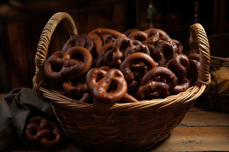 a basket of freshly baked brezels, ready to be devoured, created with generative aiの素材