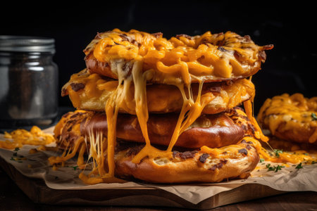 stack of warm and crispy brezels, topped with melted cheese, created with generative aiの素材