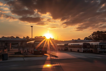 bus depot at sunrise, with the sun shining through clouds and lighting up the sky, created with generative aiの素材