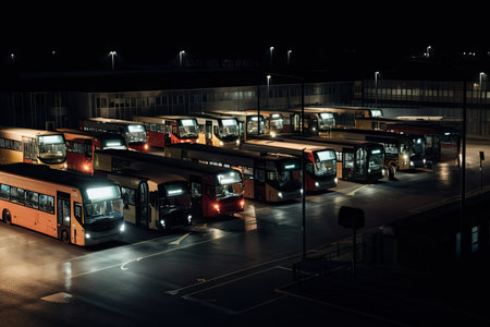 bus depot at night, with the lights shining on the fleet of buses and their passengers, created with generative aiの素材