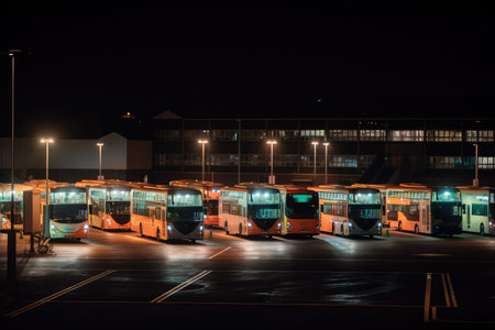 bus depot at night, with the lights on and buses ready to depart, created with generative aiの素材