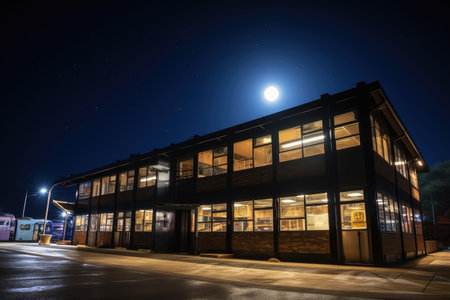 bus depot at night, with the moon shining above and reflecting in the windows, created with generative aiの素材