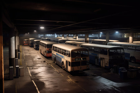 bus depot in the dead of night, with only a few buses still running and their headlights through the darkness, created with generative aiの素材