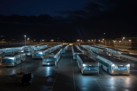 bus depot at night, with buses lined up and their lights shining, created with generative aiの素材