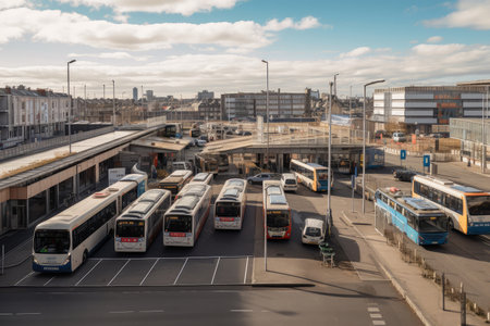 bus depot in bustling city, with public transport and traffic visible in the background, created with generative aiの素材