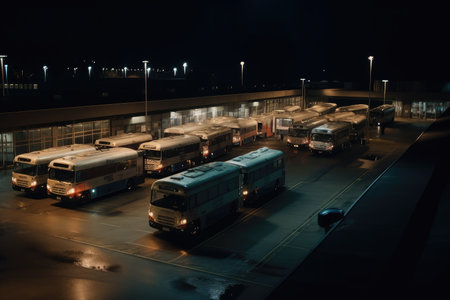 bus depot at night, with buses parked in rows and their headlights shining, created with generative aiの素材