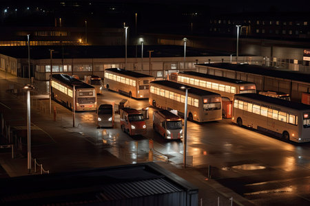bus depot at night, with the lights on and buses in view, created with generative aiの素材