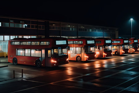 bus depot at night, with the lights shining bright and the buses parked in their slots, created with generative aiの素材