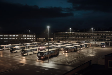 bus depot in the evening, with buses parked and lights off, created with generative aiの素材