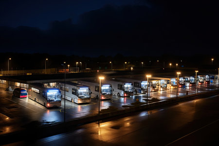 bus depot at night, with the lights on and buses in place, created with generative aiの素材