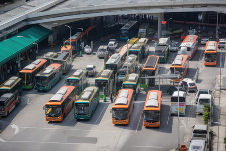 bus depot during busy rush hour, with buses departing and arriving every minute, created with generative aiの素材