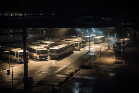 bus depot in the middle of the night, with only a few lights shining, created with generative aiの素材