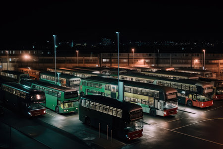 bus depot at night, with the lights shining and buses parked in rows, created with generative aiの素材