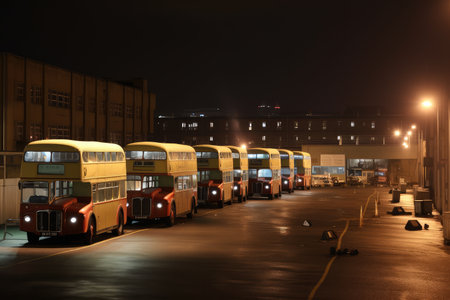 bus depot at night, with the lights shining and buses parked in rows, created with generative aiの素材