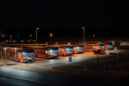 bus depot at night, with its lights illuminating the darkened landscape, created with generative aiの素材