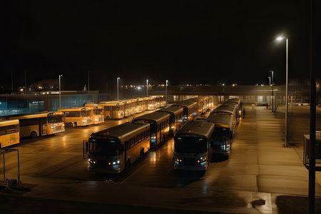 bus depot at night, with buses lined up and waiting for the morning commute, created with generative aiの素材